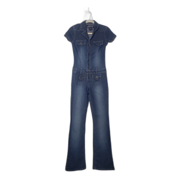 Vintage 90's Y2K SQUEEZE JEANS Stretch Denim Zip Front Jumpsuit Juniors Size 1/2 - Picture 1 of 7